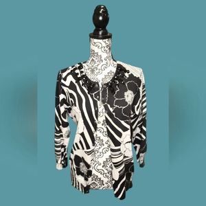 Kenar Jeweled Neckline Floral 3/4 Sleeve Knit Cardigan SZ L In Black & White